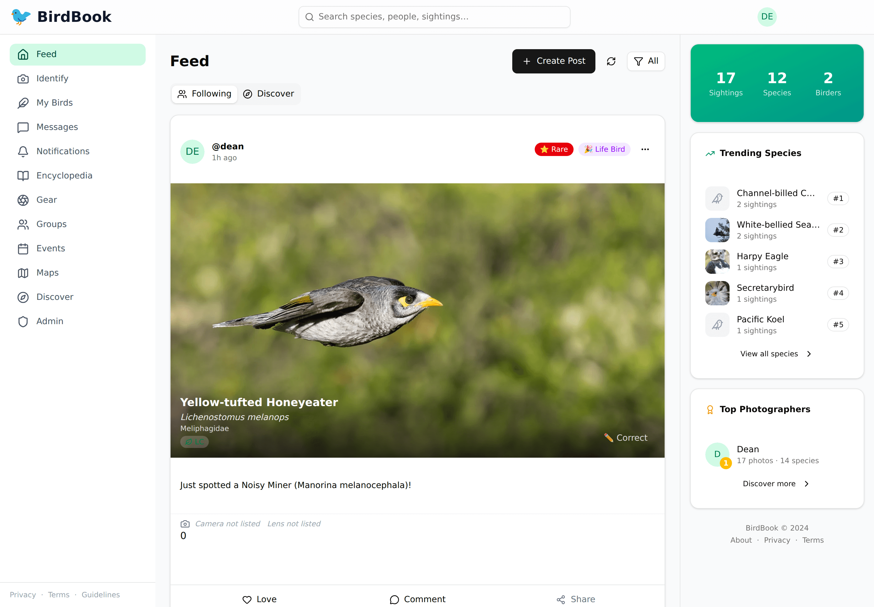 BirdBook feed on desktop